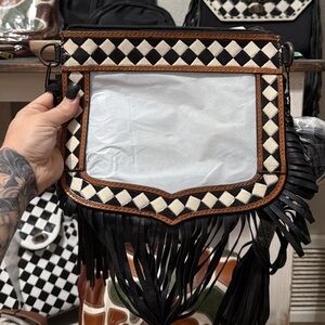 Black and White Fringe Checkered Women's Bag